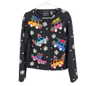 Michael Simon This Is How We Roll Christmas Cardigan Sweater Pearl Beaded Size L